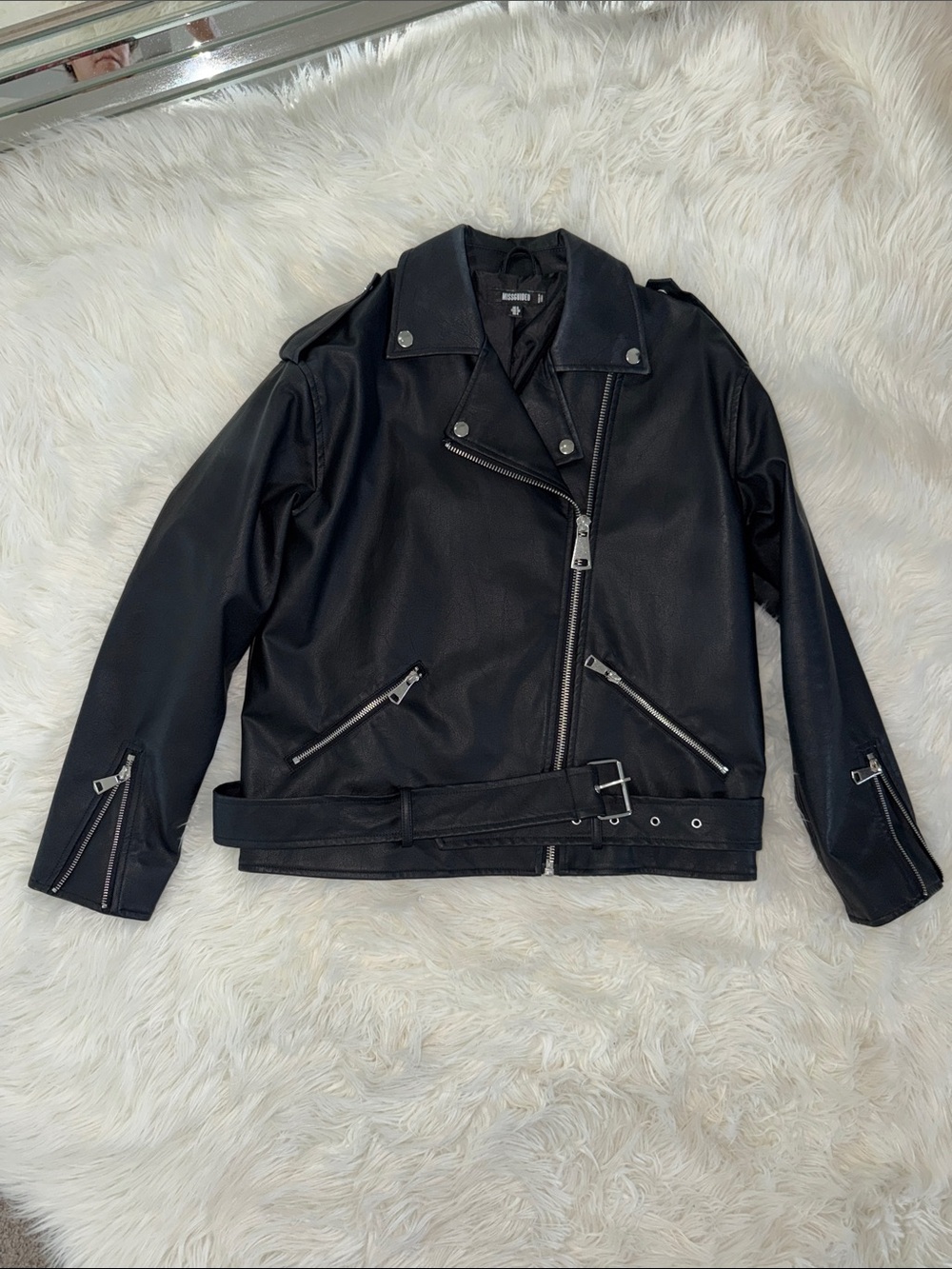 MISSGUIDED Black Faux Leather Moto Jacket with Belt